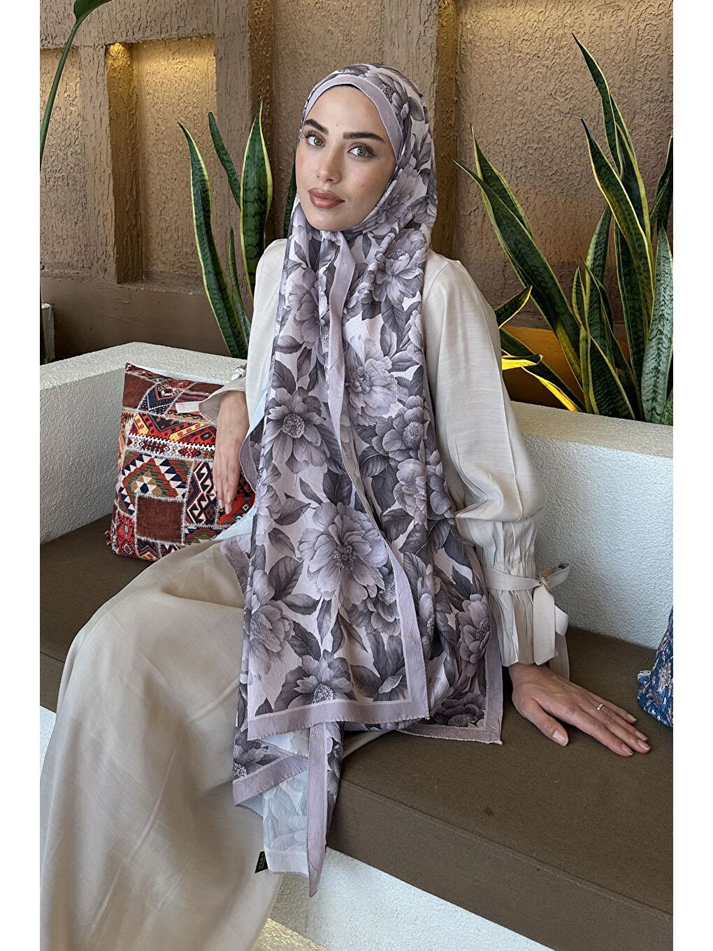 Pembe Lotus Desen Bambu Şal Pudra-2