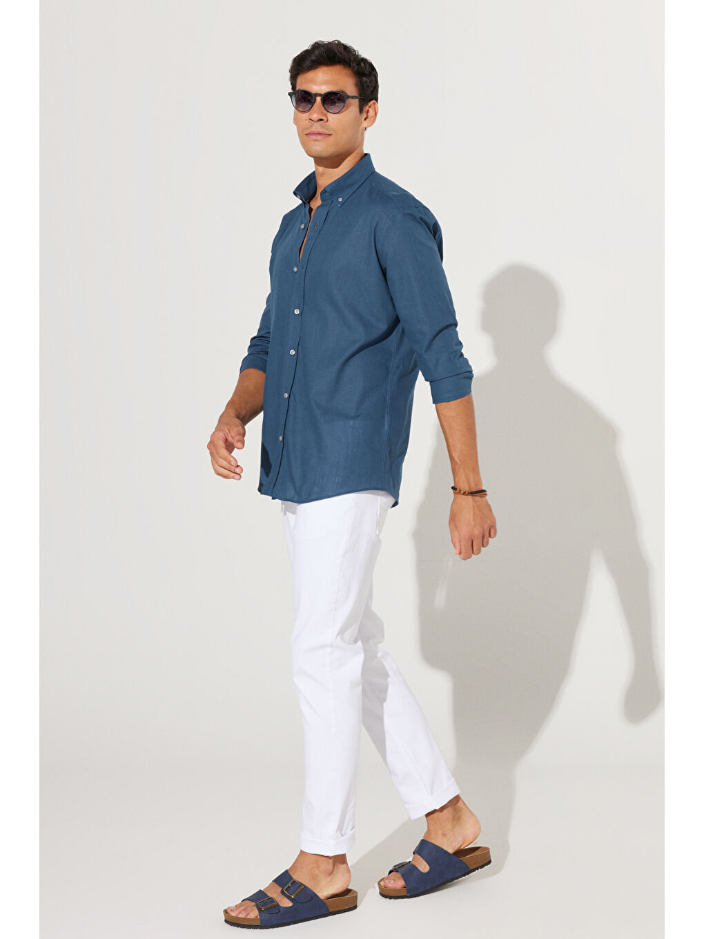 Erkek Koyu Petrol %100 Pamuk Oxford Slim Fit Dar Kesim Düğmeli Yaka Flamlı Gömlek-3