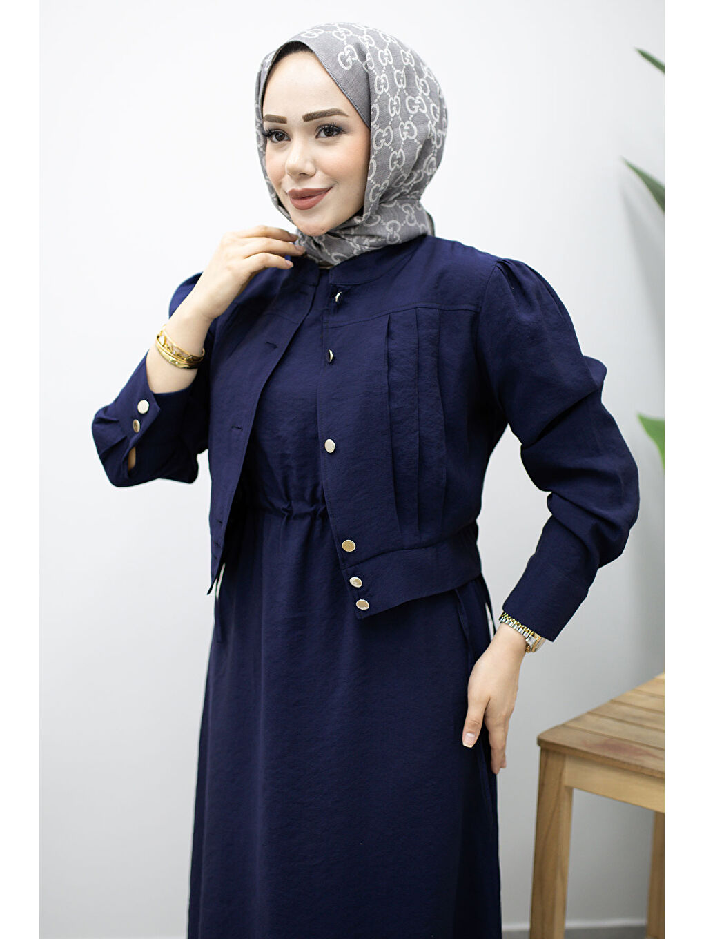 Beli Büzgülü Jile Elbise TSD260214 Lacivert-1