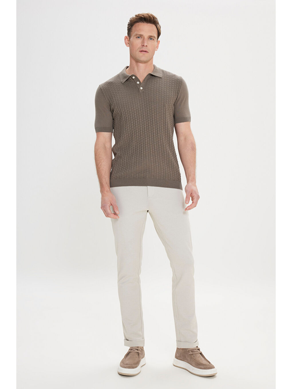 Erkek Haki Standart Fit Normal Kesim %100 Pamuk Jakarlı Polo Yaka Triko Tişört-1
