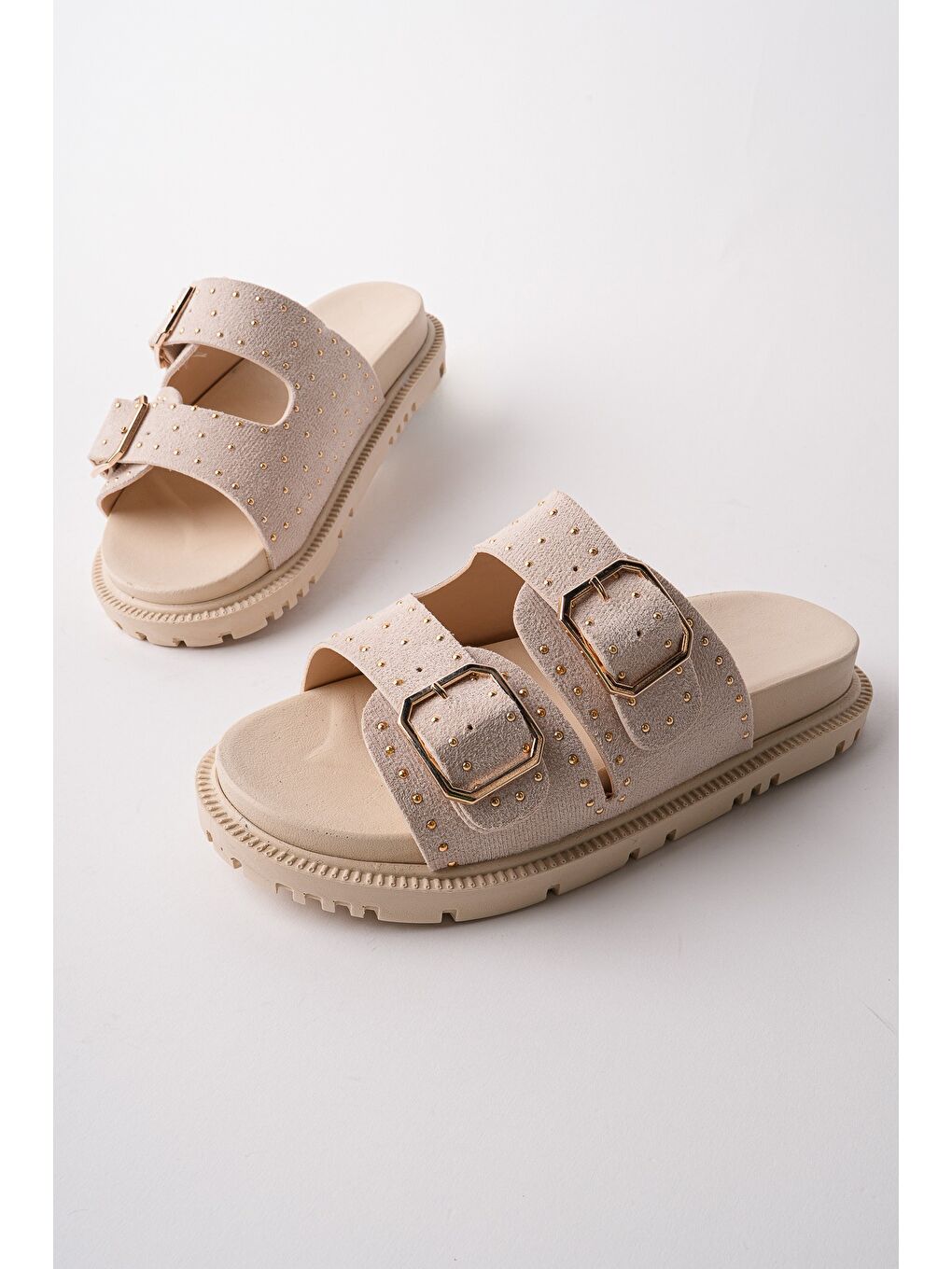 Bej ESTİVA Ayarlanabilir Çift Tokalı Zımbalı Günlük Kadın Terlik-2