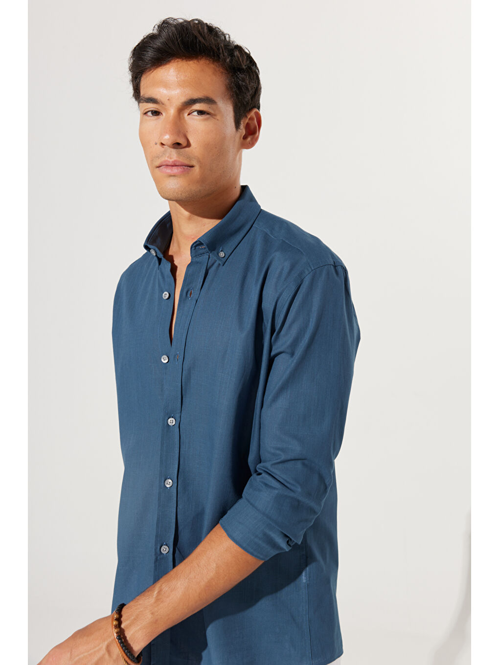 Erkek Koyu Petrol %100 Pamuk Oxford Slim Fit Dar Kesim Düğmeli Yaka Flamlı Gömlek-4