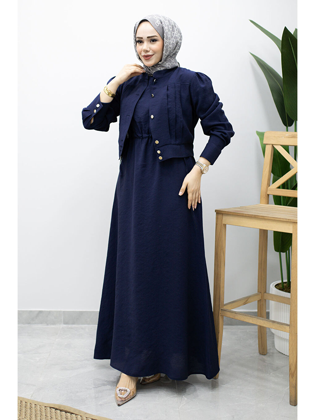 Beli Büzgülü Jile Elbise TSD260214 Lacivert-2