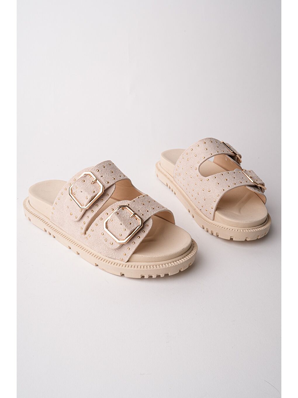 Bej ESTİVA Ayarlanabilir Çift Tokalı Zımbalı Günlük Kadın Terlik-3