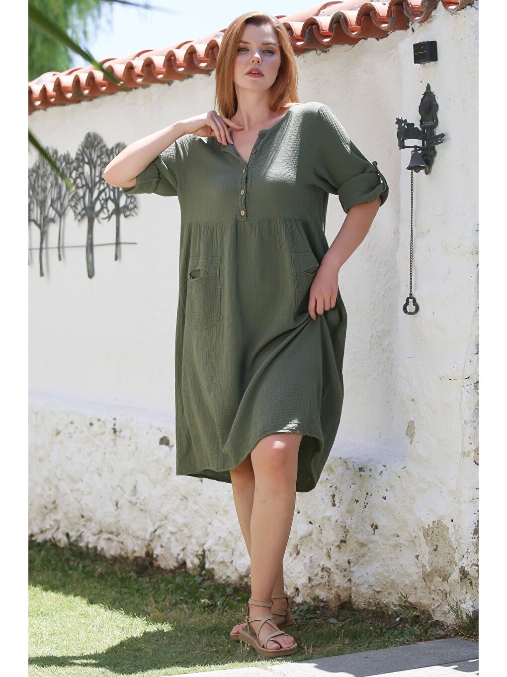 Haki Yuvarlak Yaka Düğmeli Uzun Kollu Cepli Yıkamalı Casual Müslin Dokuma Elbise 107 60-7