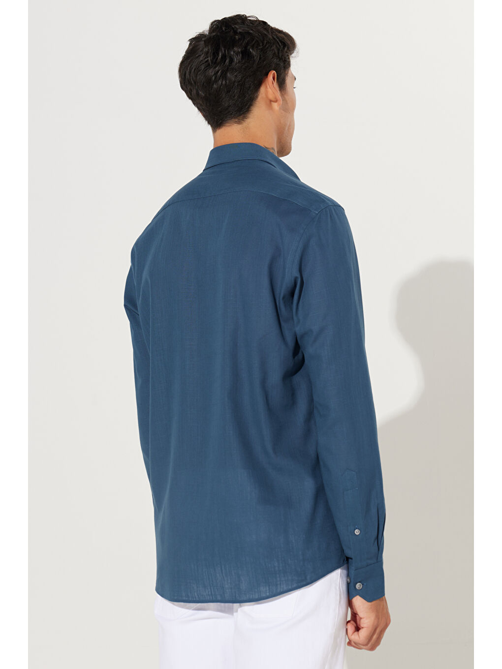 Erkek Koyu Petrol %100 Pamuk Oxford Slim Fit Dar Kesim Düğmeli Yaka Flamlı Gömlek-6