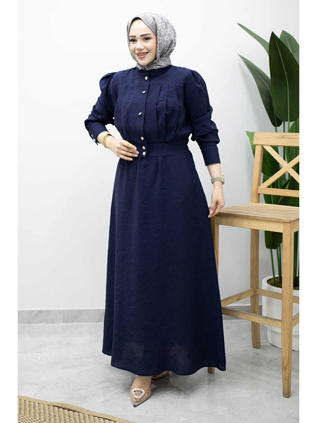 Beli Büzgülü Jile Elbise TSD260214 Lacivert-4