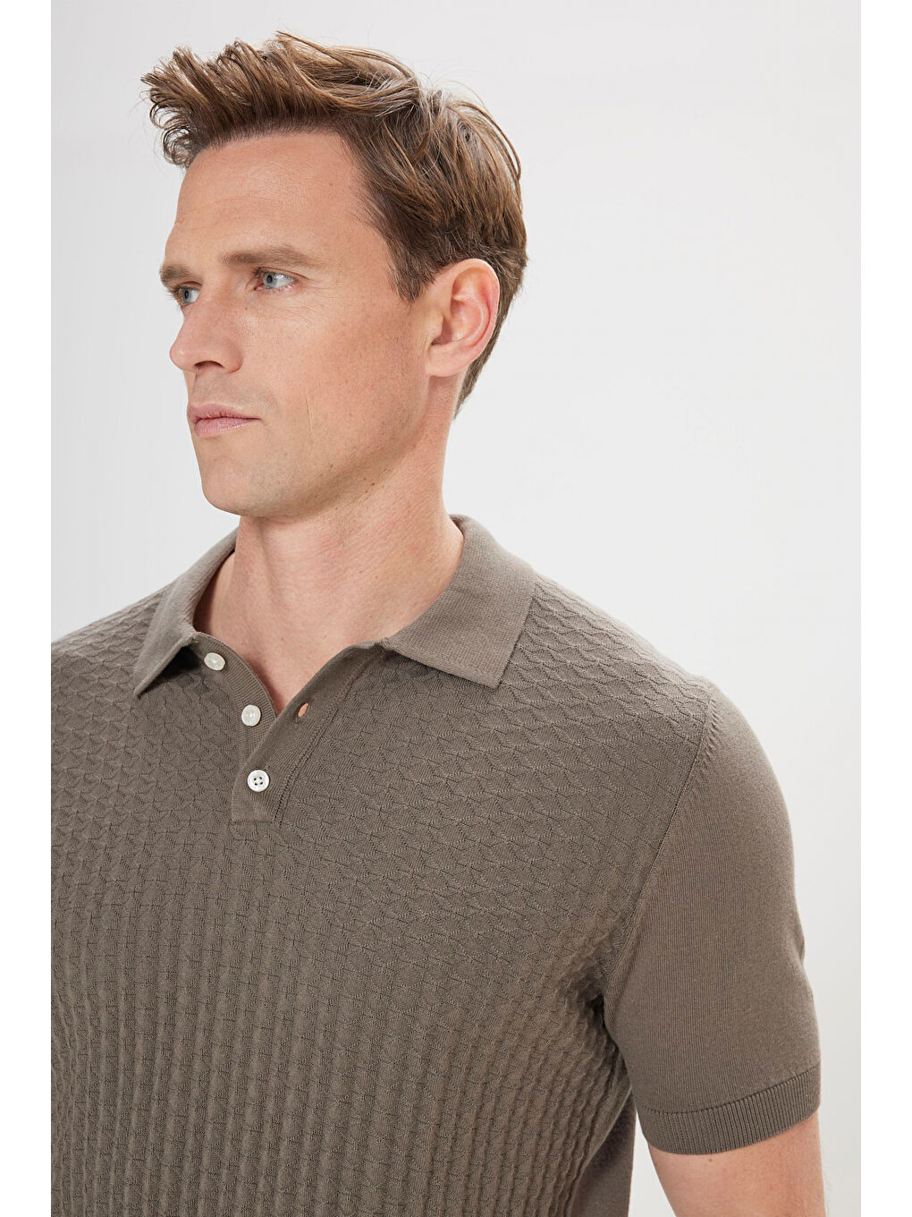 Erkek Haki Standart Fit Normal Kesim %100 Pamuk Jakarlı Polo Yaka Triko Tişört-2