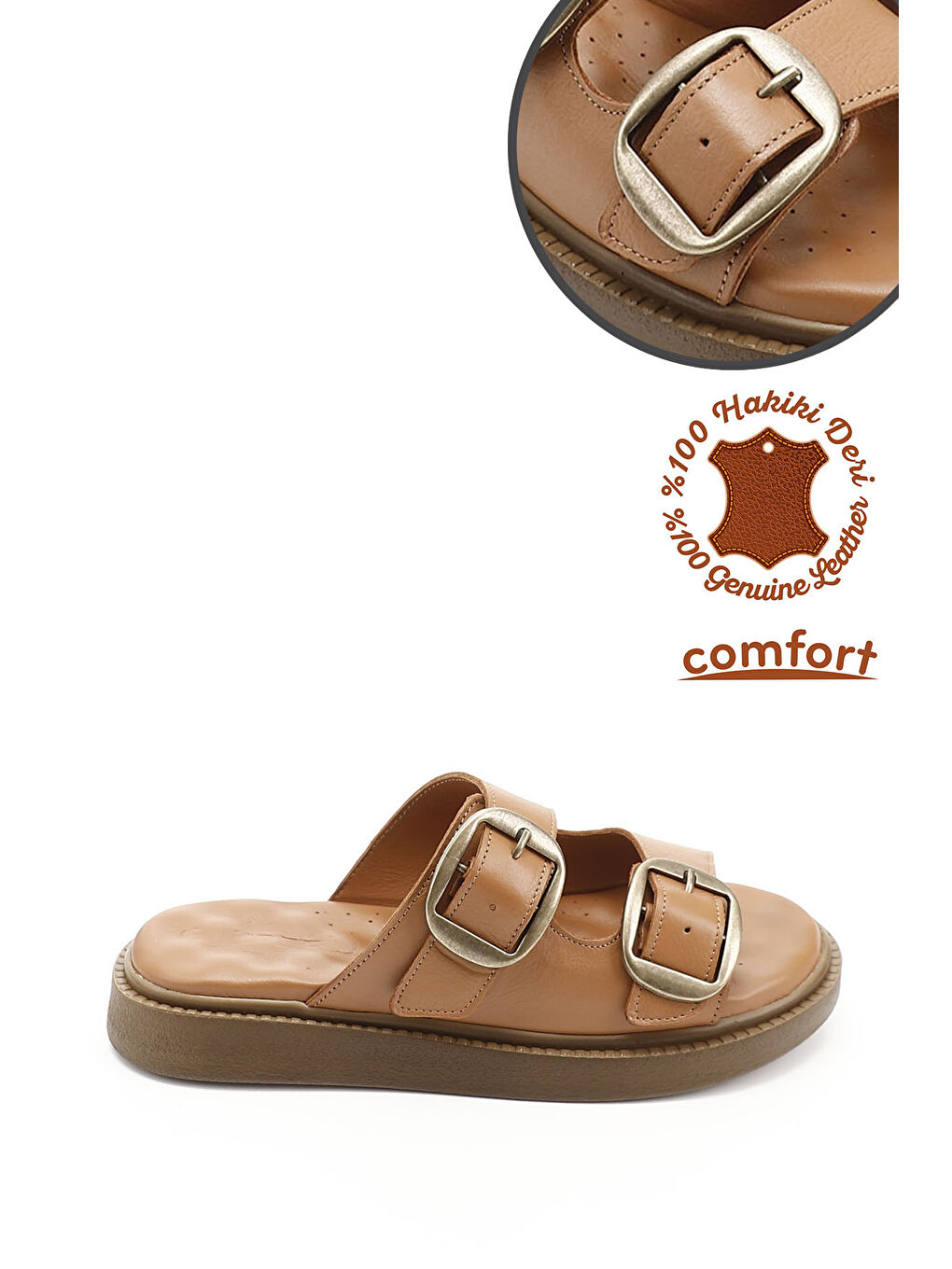 Kadın HAKİ-TABA Tokalı Hakiki Deri Comfort Terlik-2