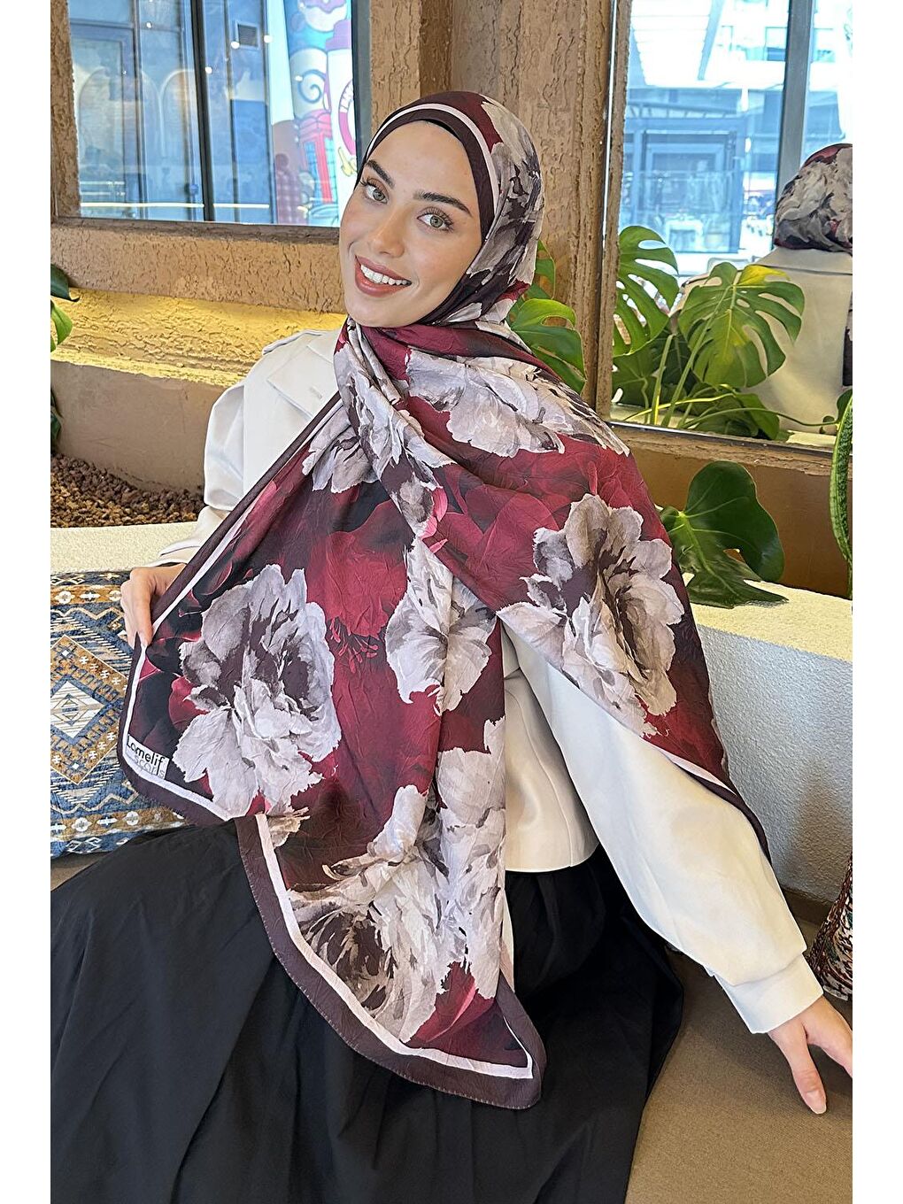 Flower Desen Bambu Şal Bordo-1