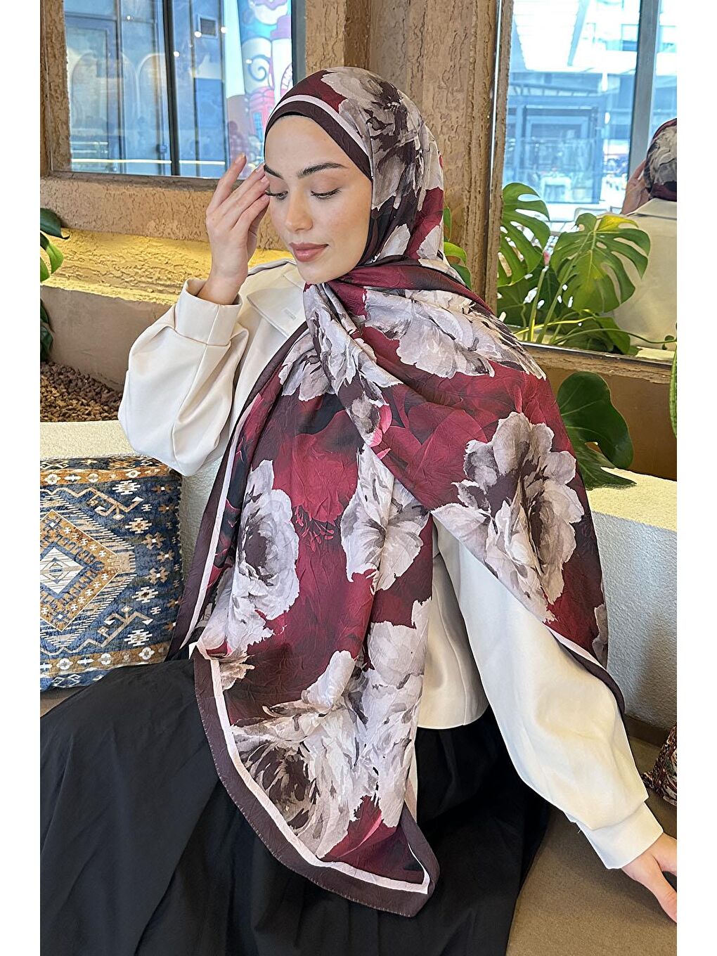 Flower Desen Bambu Şal Bordo-2