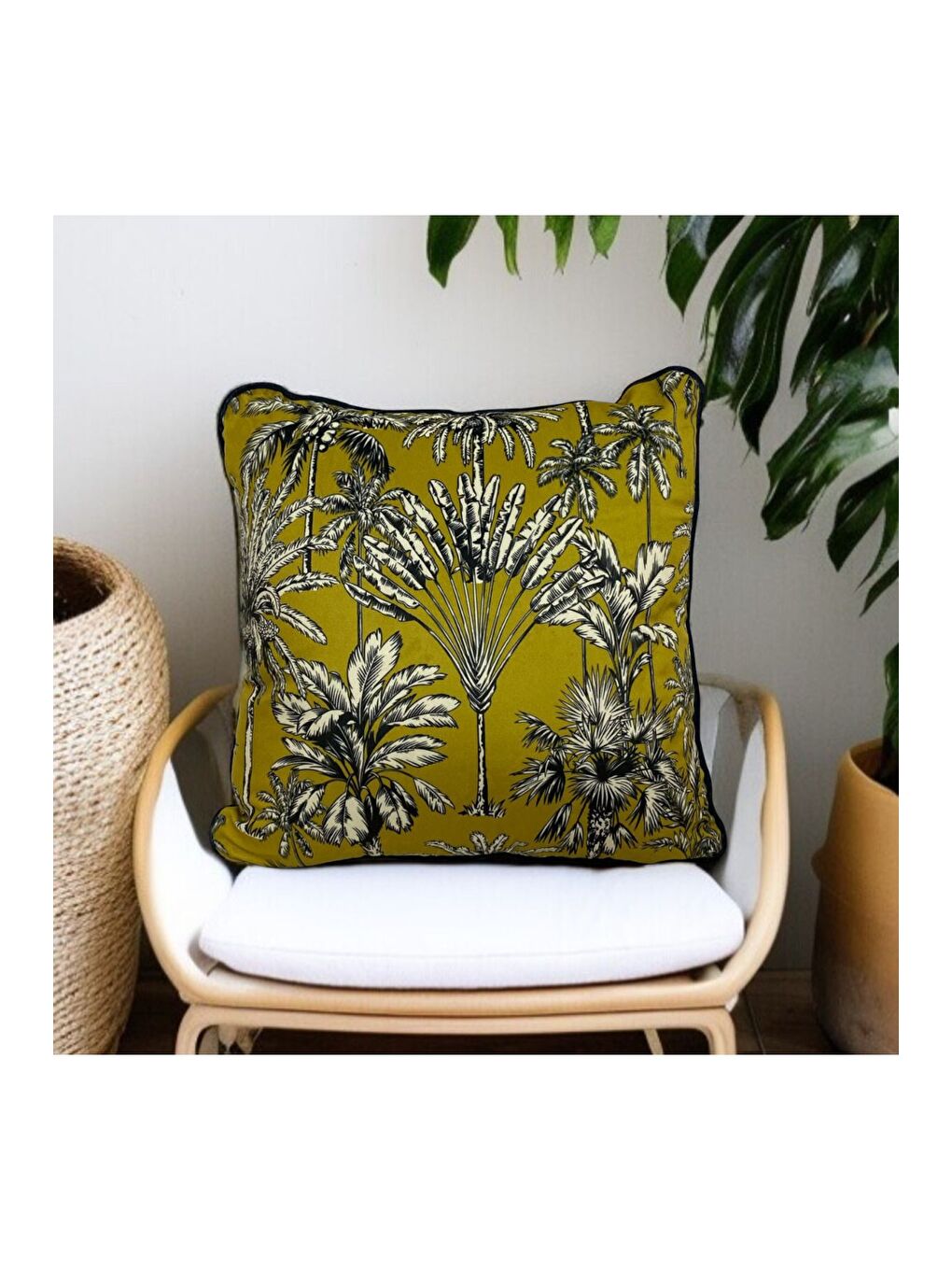 Yeşil Palmiye Desen Biyeli Çift Taraflı Modern Dekoratif Kırlent Kılıfı 45x45