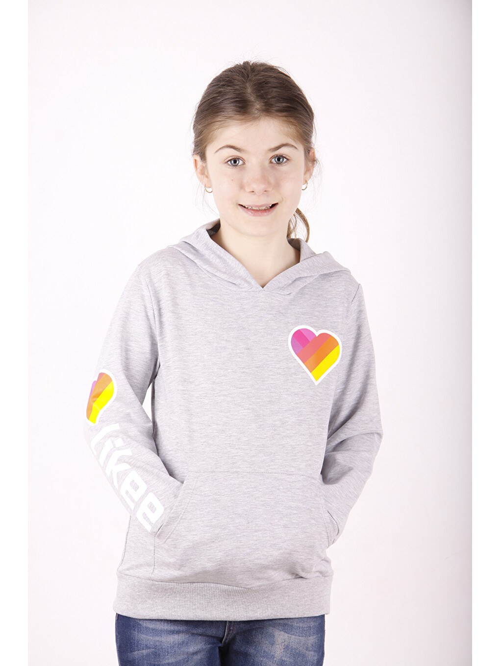 Gri Kız Çocuk Like Kalp Baskılı Kanguru Cepli Sweatshirt