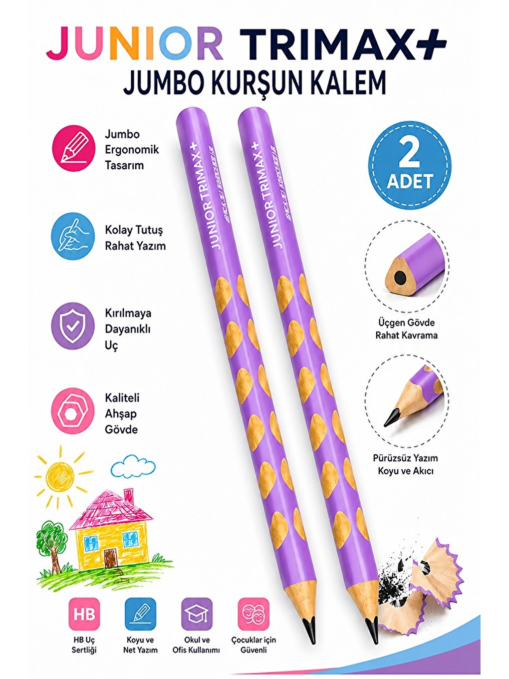 Lila Jumbo Kurşun Kalem Oluklu 2 Adet Alpino Trimax Üçgen Oluklu Kalın Kalem Pastel Renkler Kolay Tu