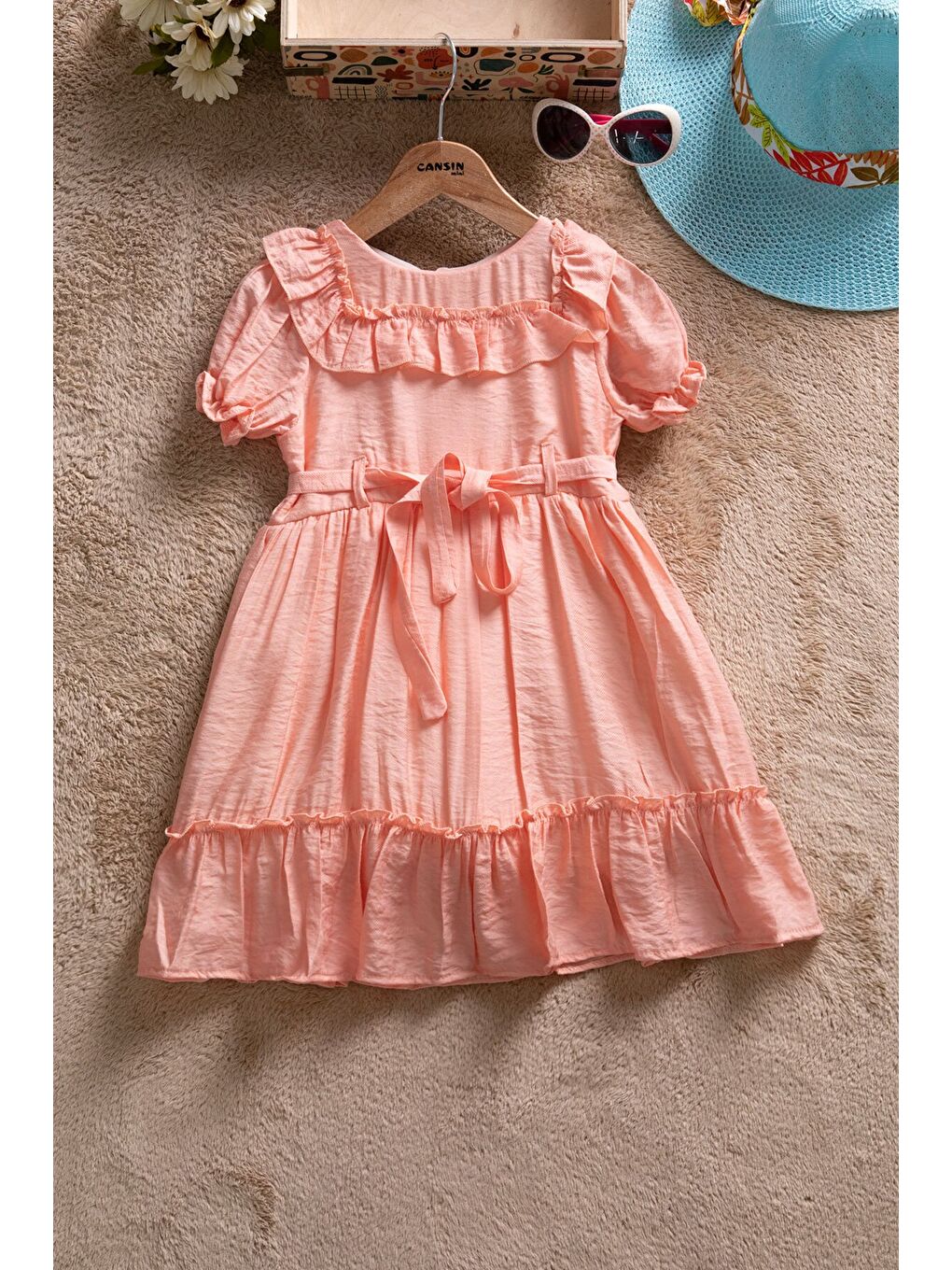 Pembe Somon Fırfır Detaylı Kısa Kol Kız Çocuk Pileli Elbise 22653