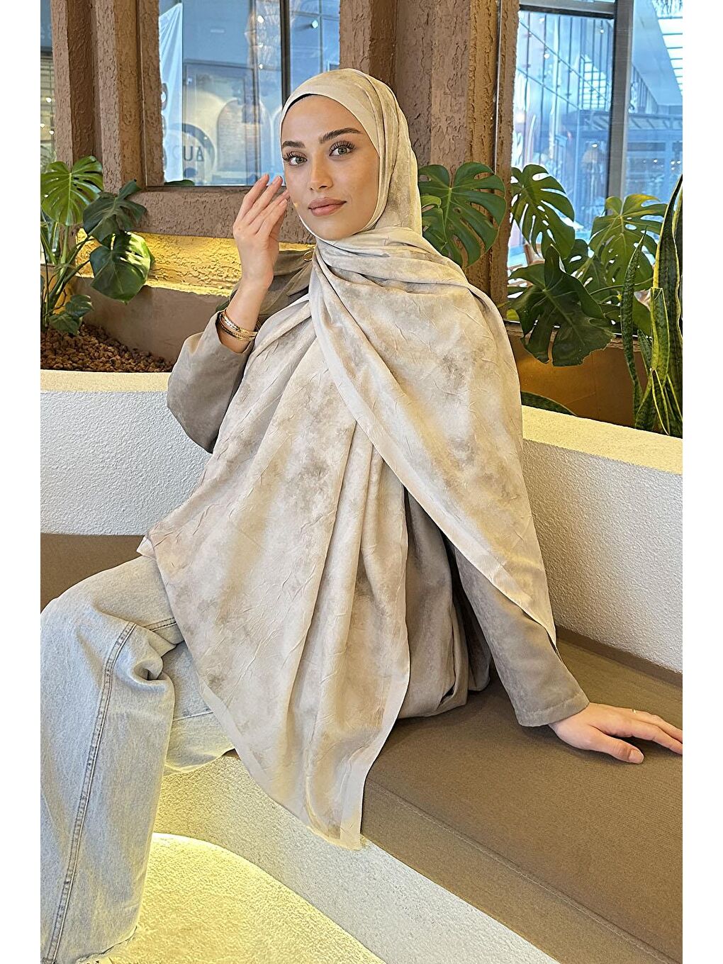 Bulut Desen Bambu Şal Bej-1