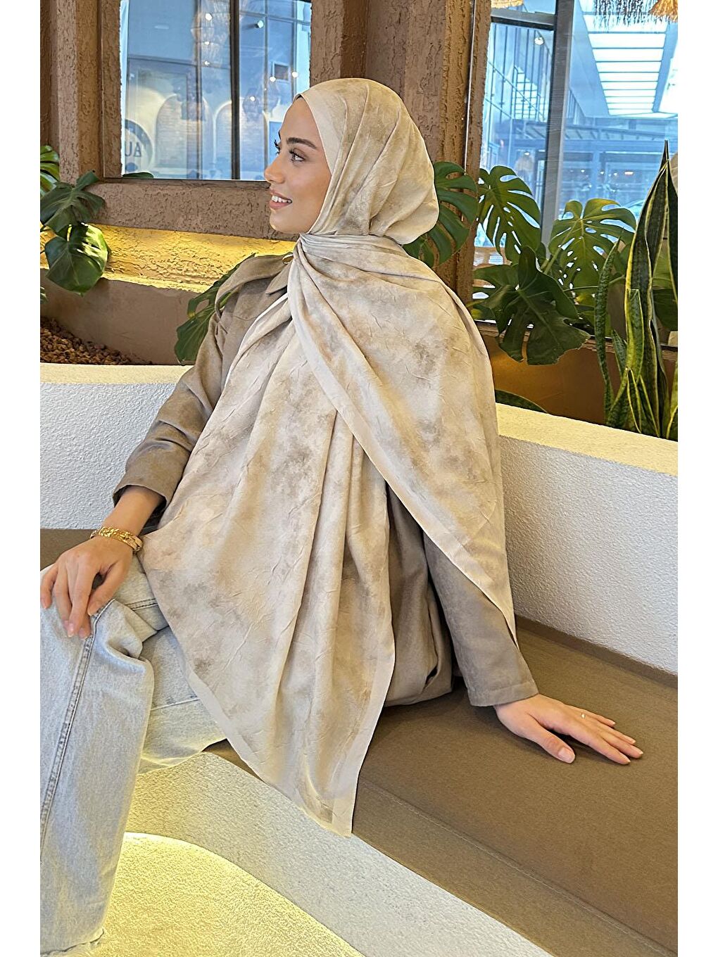 Bulut Desen Bambu Şal Bej-2