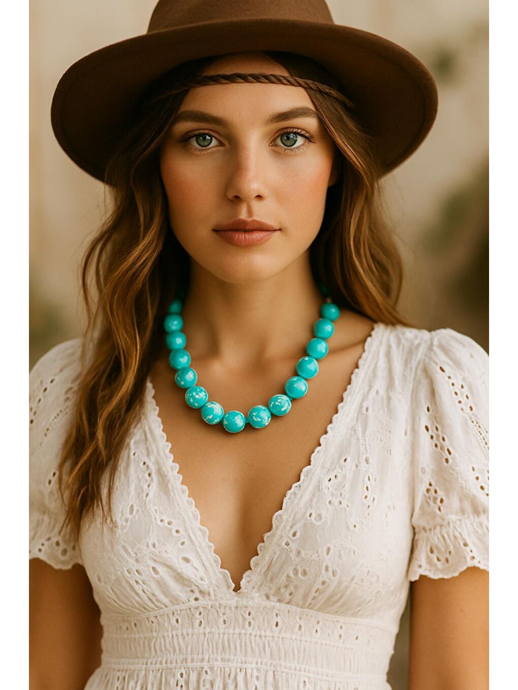 Turkuaz Büyük Boncuklu Kadın Kolye - 20mm Boncuklu-2