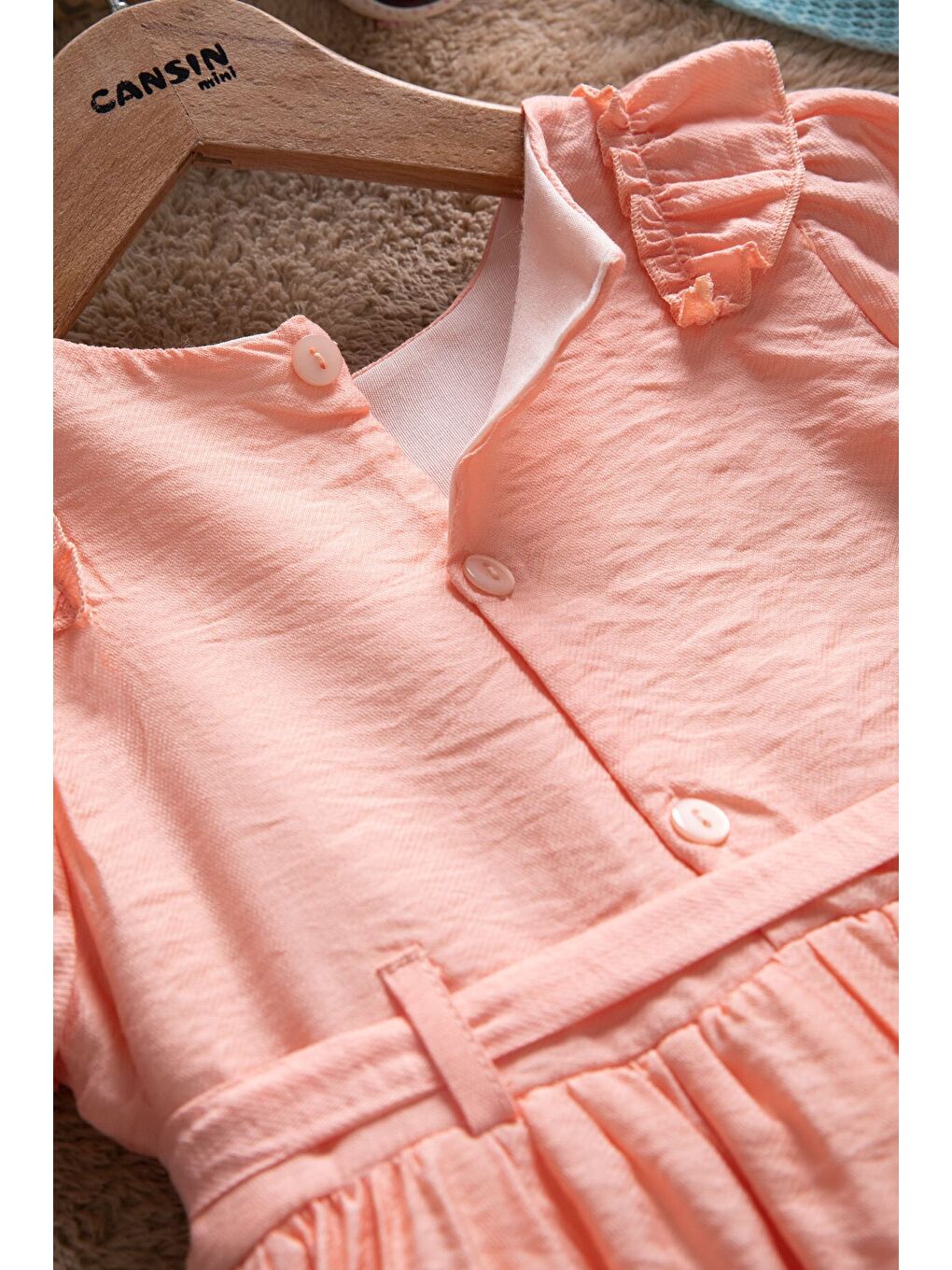 Pembe Somon Fırfır Detaylı Kısa Kol Kız Çocuk Pileli Elbise 22653-3