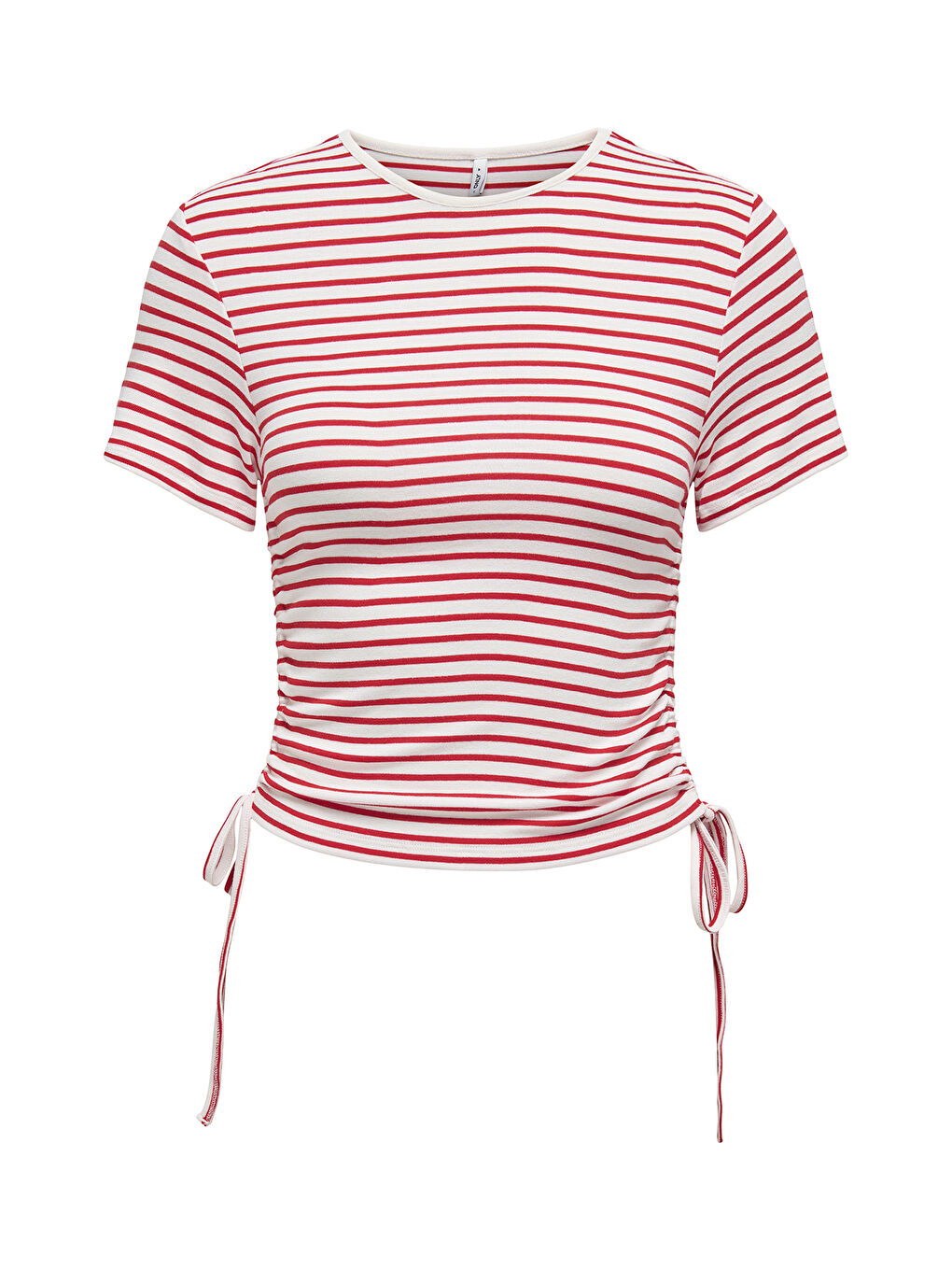 Kırmızı Onldevin Slim Fit Bisiklet Yaka Çizgili Büzgü Detaylı Kadın T Shirt 15346302