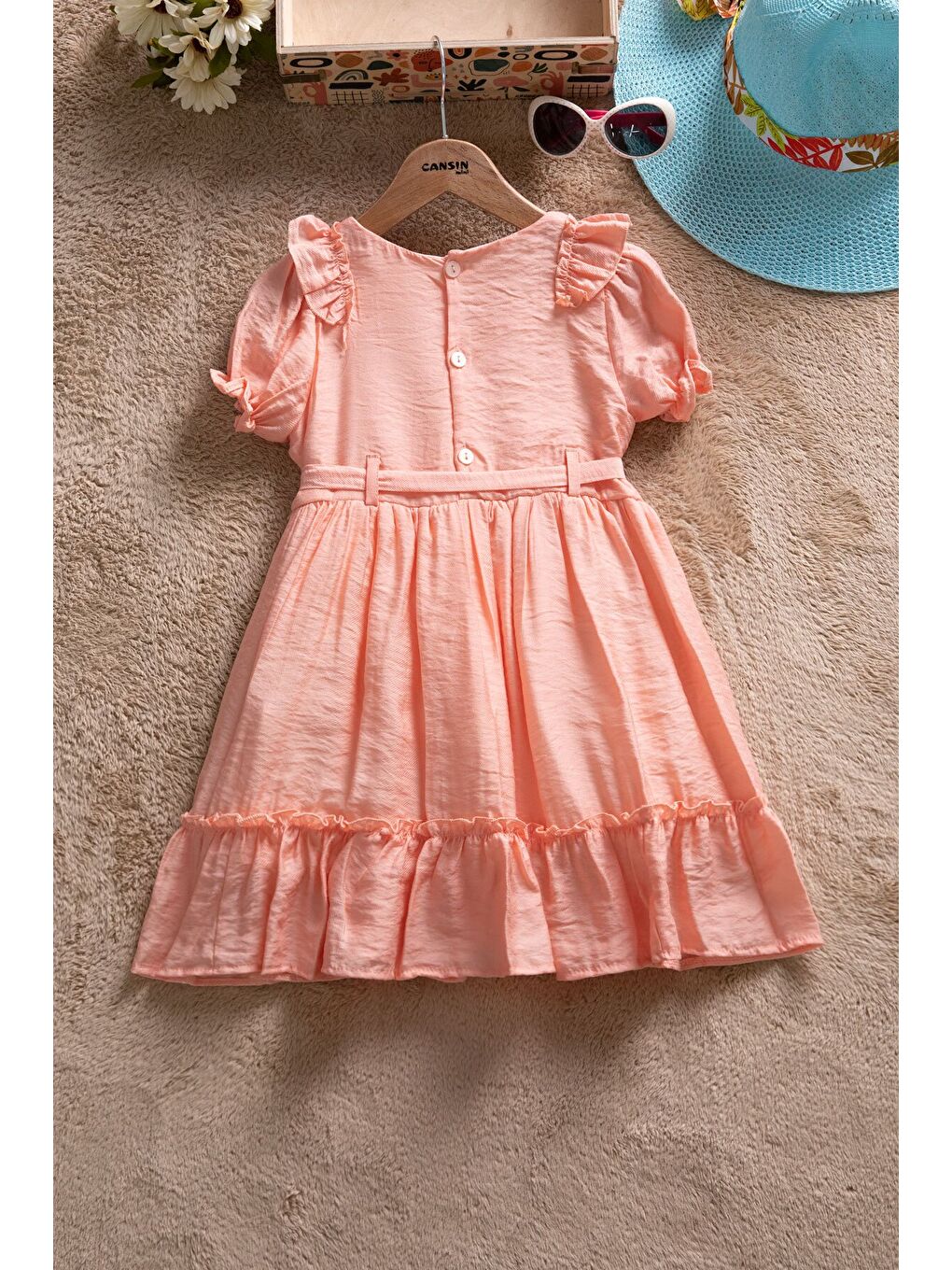 Pembe Somon Fırfır Detaylı Kısa Kol Kız Çocuk Pileli Elbise 22653-4