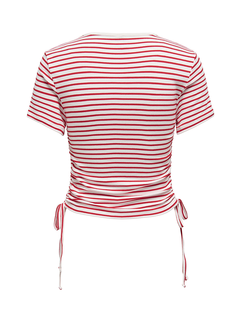 Kırmızı Onldevin Slim Fit Bisiklet Yaka Çizgili Büzgü Detaylı Kadın T Shirt 15346302-1