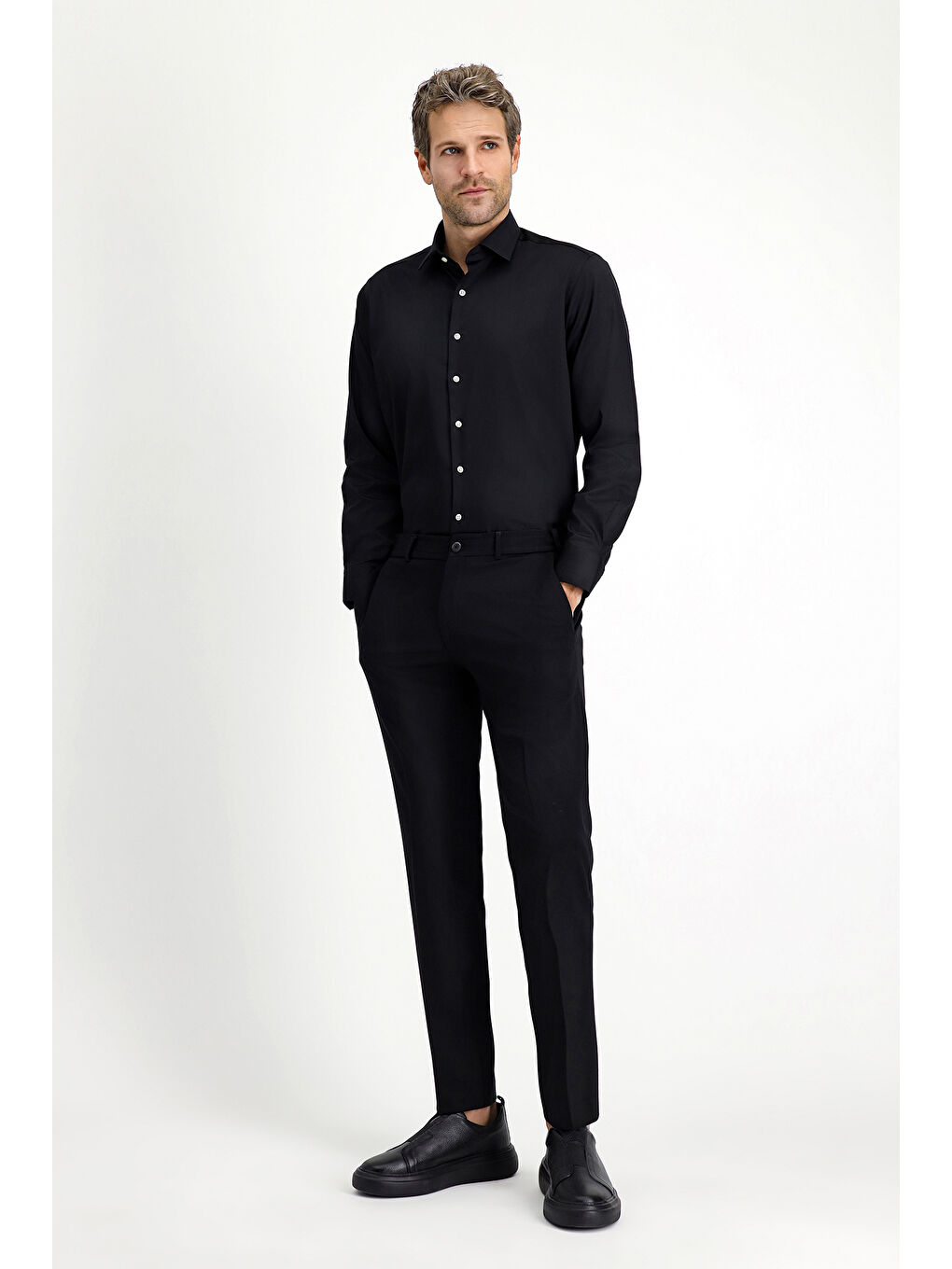 Siyah Uzun Kol Klasik Pamuk Gömlek-1