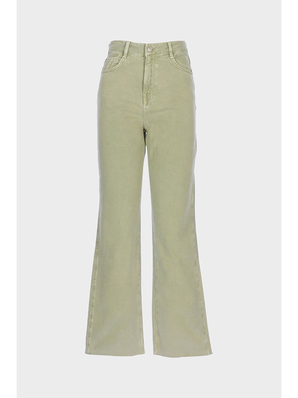 Haki Eliza Çağla Yeşili Yüksek Bel Patı Fermuarlı Paçası Kesikli Straight Jean Pantolon C 4518-118