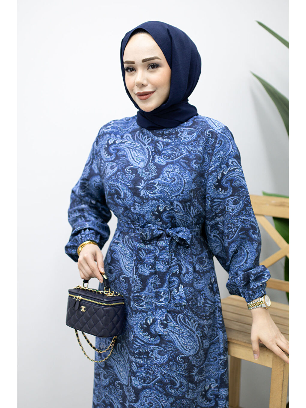 Bisiklet Yaka Şal Desenli Elbise TSD260208 Lacivert-1