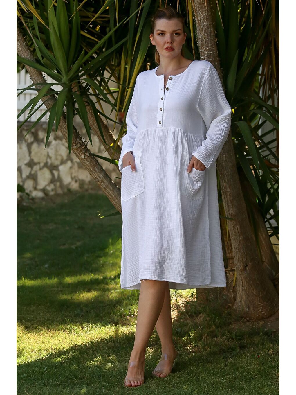 Beyaz Yuvarlak Yaka Düğmeli Uzun Kollu Cepli Yıkamalı Casual Müslin Dokuma Elbise 107 60