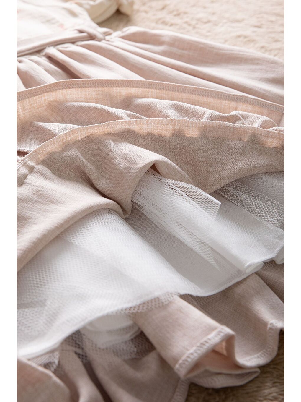 Bej Müslin Kumaş Desenli Kız Çocuk Çantalı Kısa Kol Elbise 22658-3