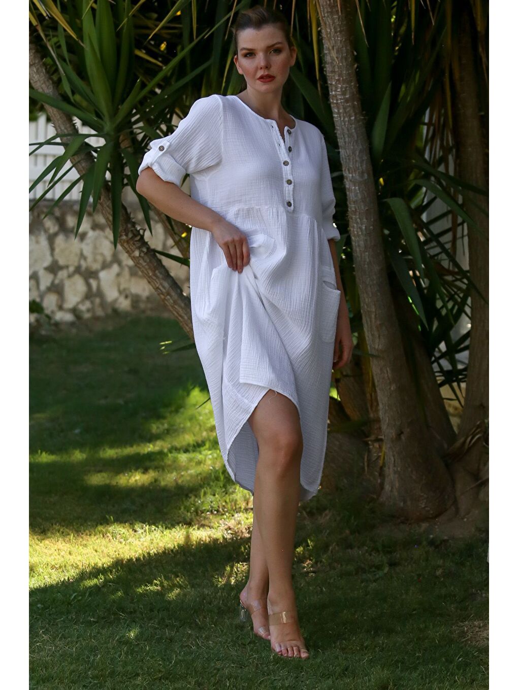 Beyaz Yuvarlak Yaka Düğmeli Uzun Kollu Cepli Yıkamalı Casual Müslin Dokuma Elbise 107 60-2