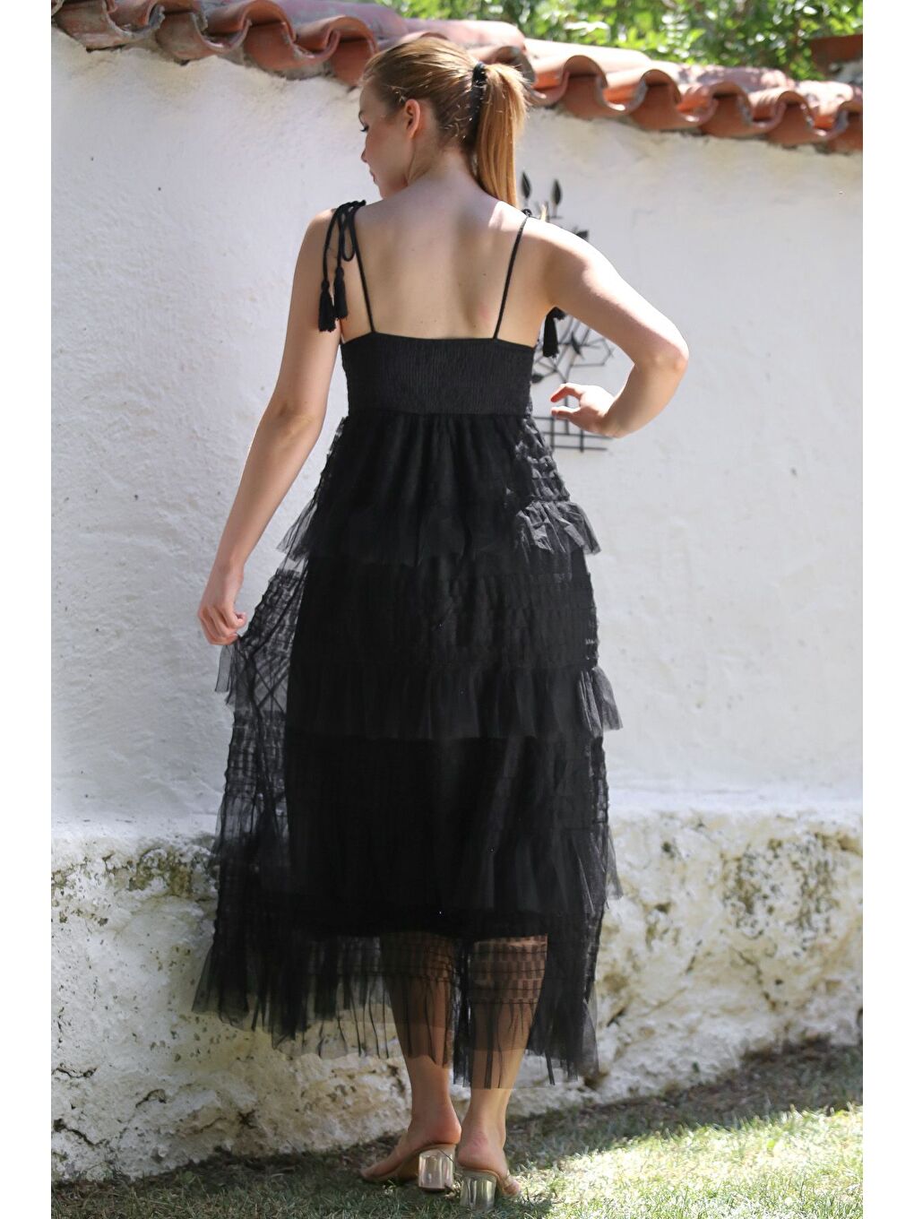 İtalyan Siyah Straplez Yaka Tüllü Ayarlanabilir Askılı Fistolu Dokuma Elbise 130 55-1