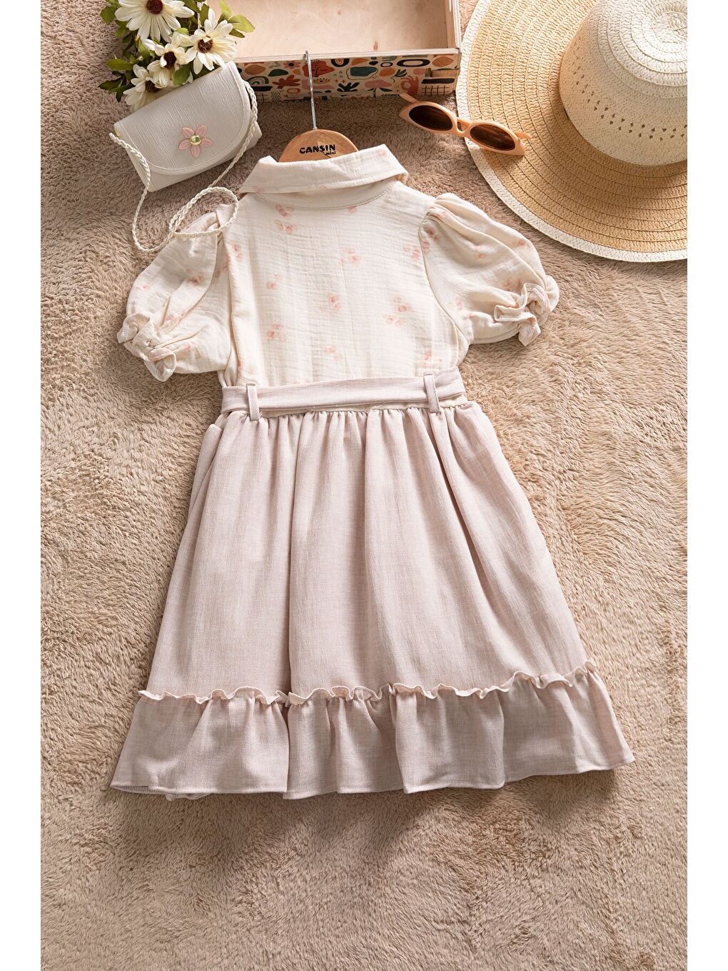 Bej Müslin Kumaş Desenli Kız Çocuk Çantalı Kısa Kol Elbise 22658-4