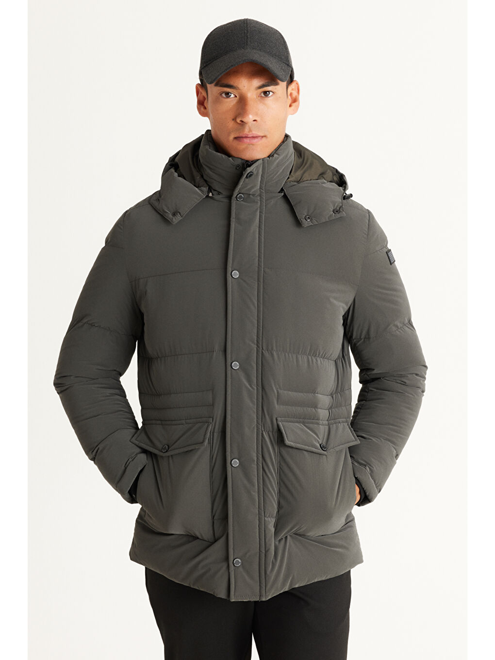 Erkek Haki Standart Fit Normal Kesim Çıkma Kapüşonlu Kaban