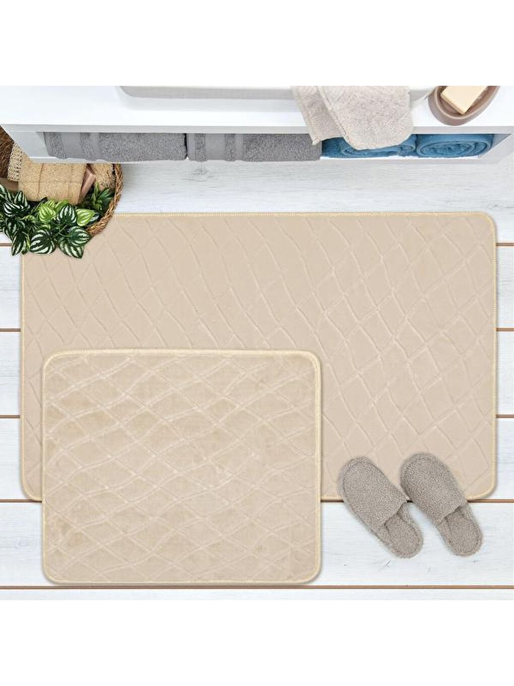 Bej Soft Holly 2'li Banyo Paspası - Taş - 60x100 cm + 50x60 cm