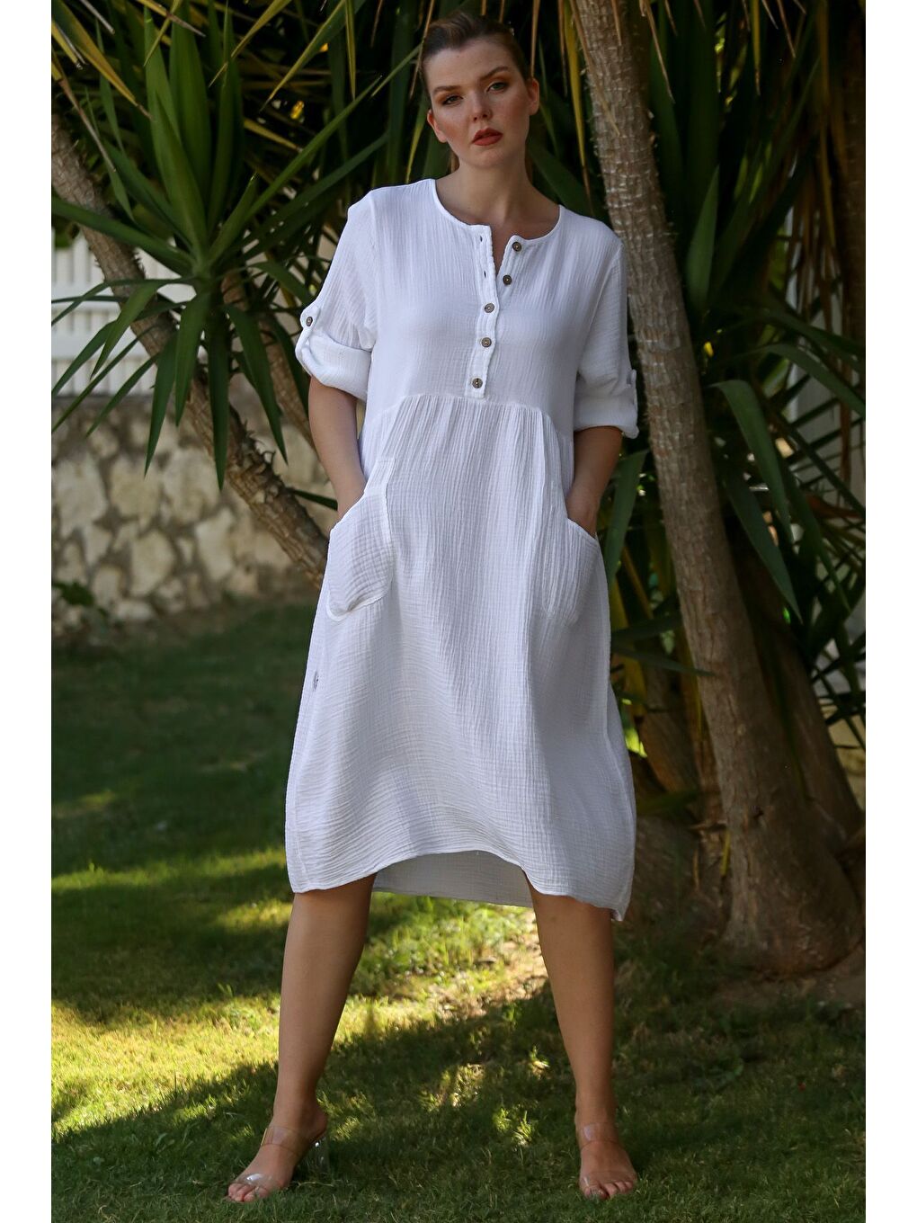 Beyaz Yuvarlak Yaka Düğmeli Uzun Kollu Cepli Yıkamalı Casual Müslin Dokuma Elbise 107 60-5