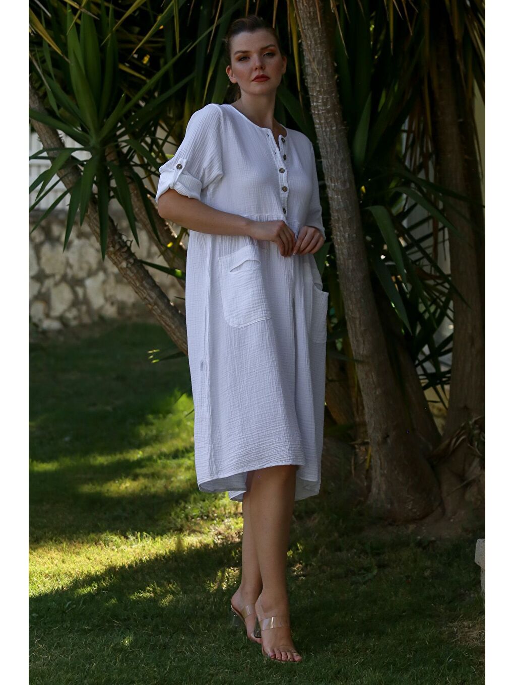 Beyaz Yuvarlak Yaka Düğmeli Uzun Kollu Cepli Yıkamalı Casual Müslin Dokuma Elbise 107 60-6