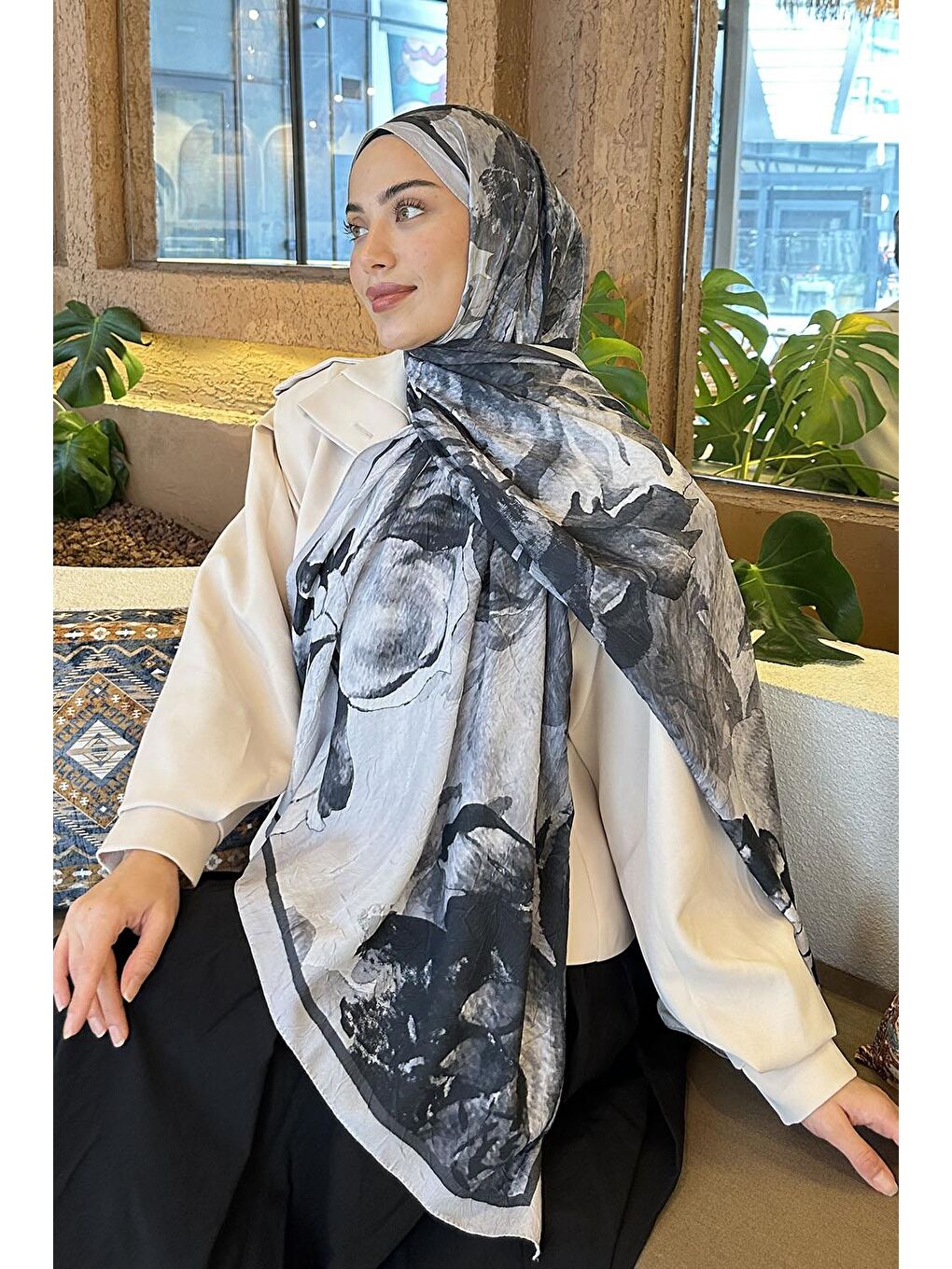 Floral Desen Bambu Şal Gri-2