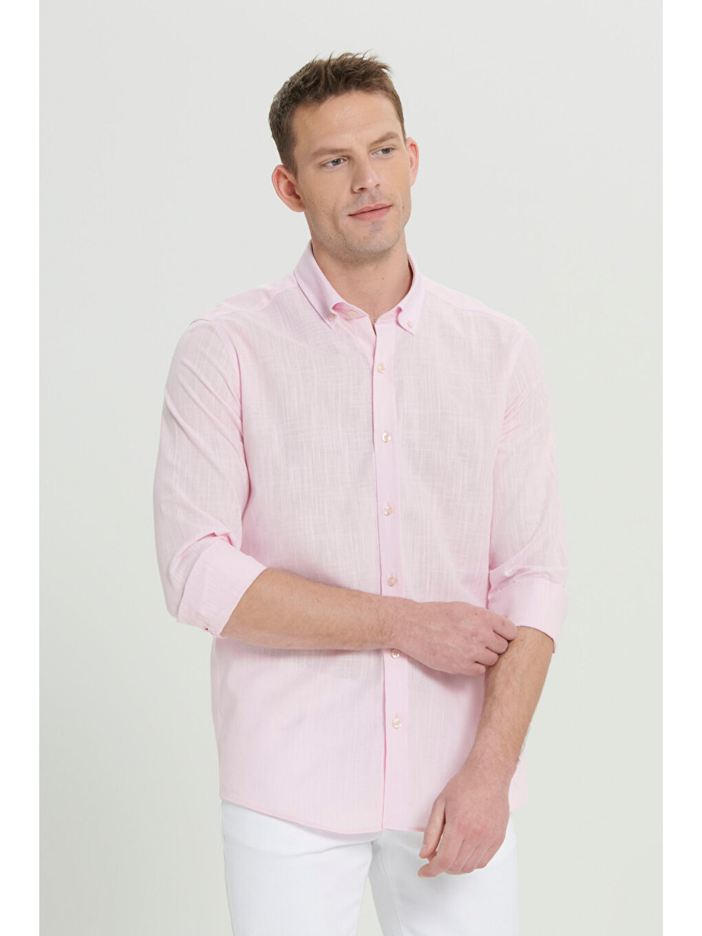 Erkek Pembe %100 Pamuk Oxford Slim Fit Dar Kesim Düğmeli Yaka Flamlı Gömlek-2