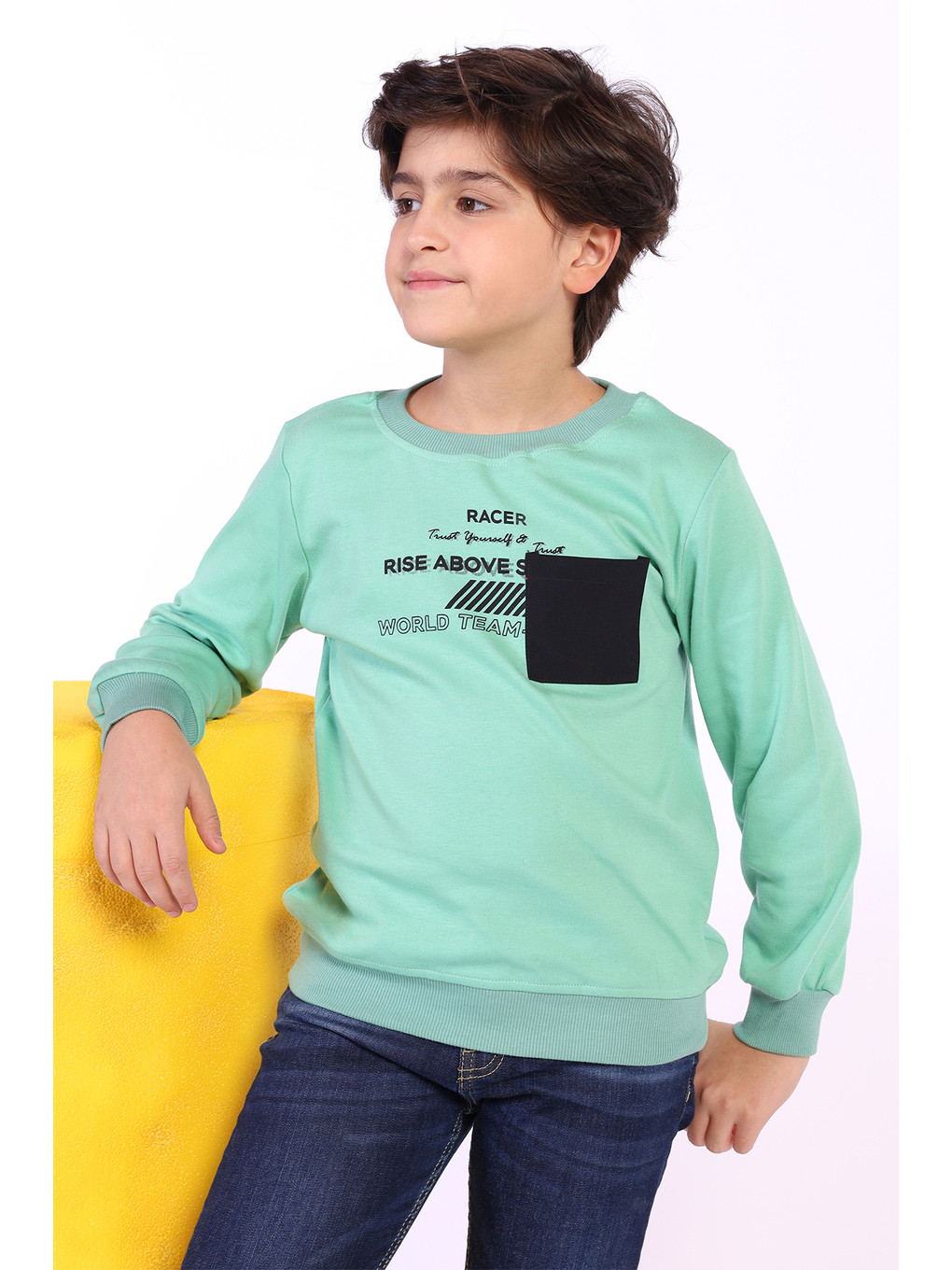 Yeşil Erkek Çocuk Cep Detaylı Baskılı Sweatshirt