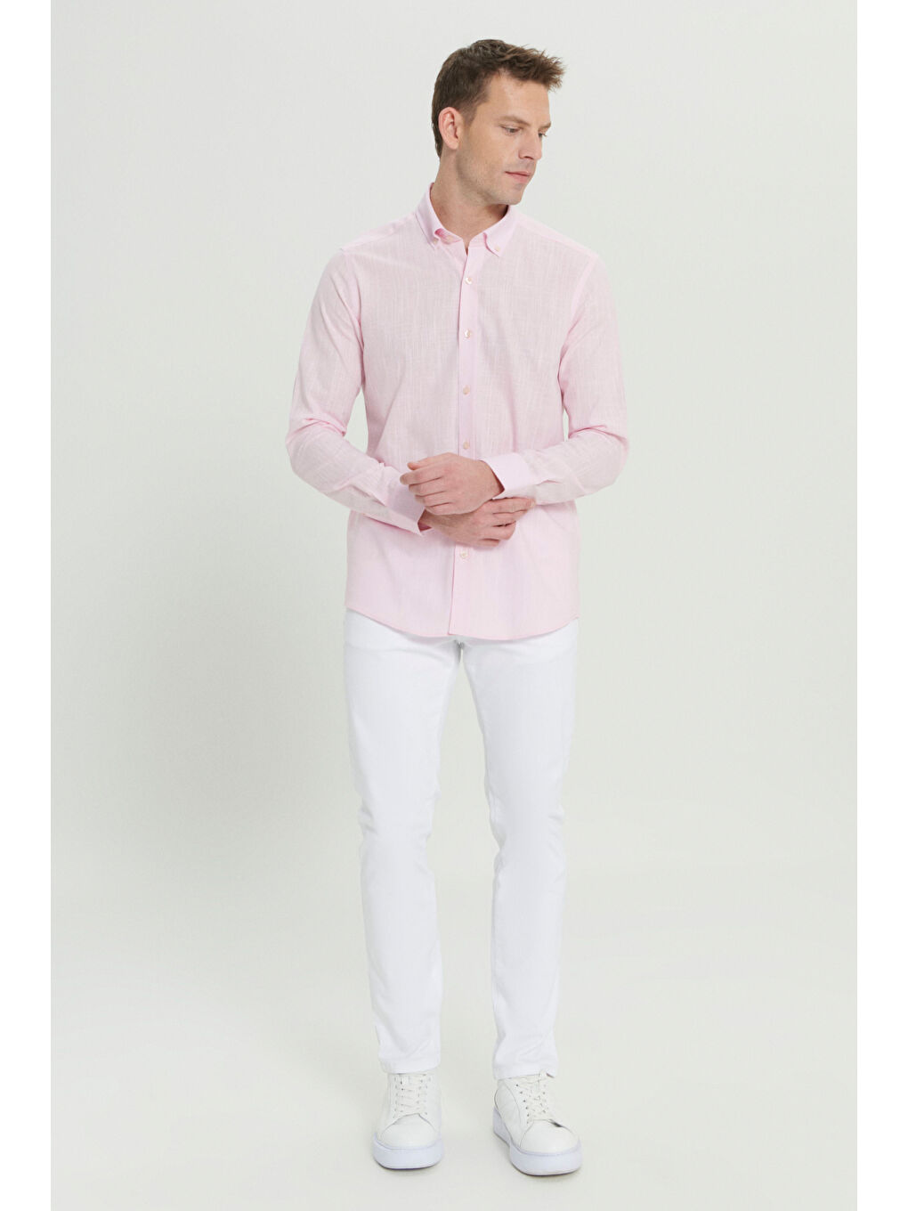 Erkek Pembe %100 Pamuk Oxford Slim Fit Dar Kesim Düğmeli Yaka Flamlı Gömlek-3