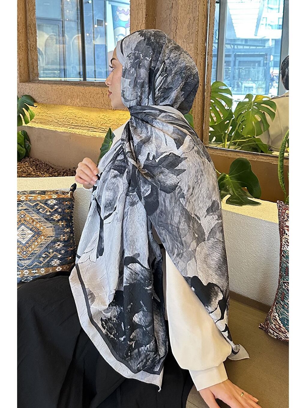 Floral Desen Bambu Şal Gri-3