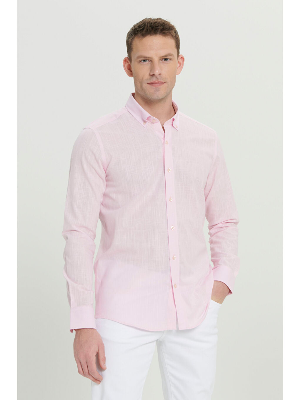 Erkek Pembe %100 Pamuk Oxford Slim Fit Dar Kesim Düğmeli Yaka Flamlı Gömlek-4