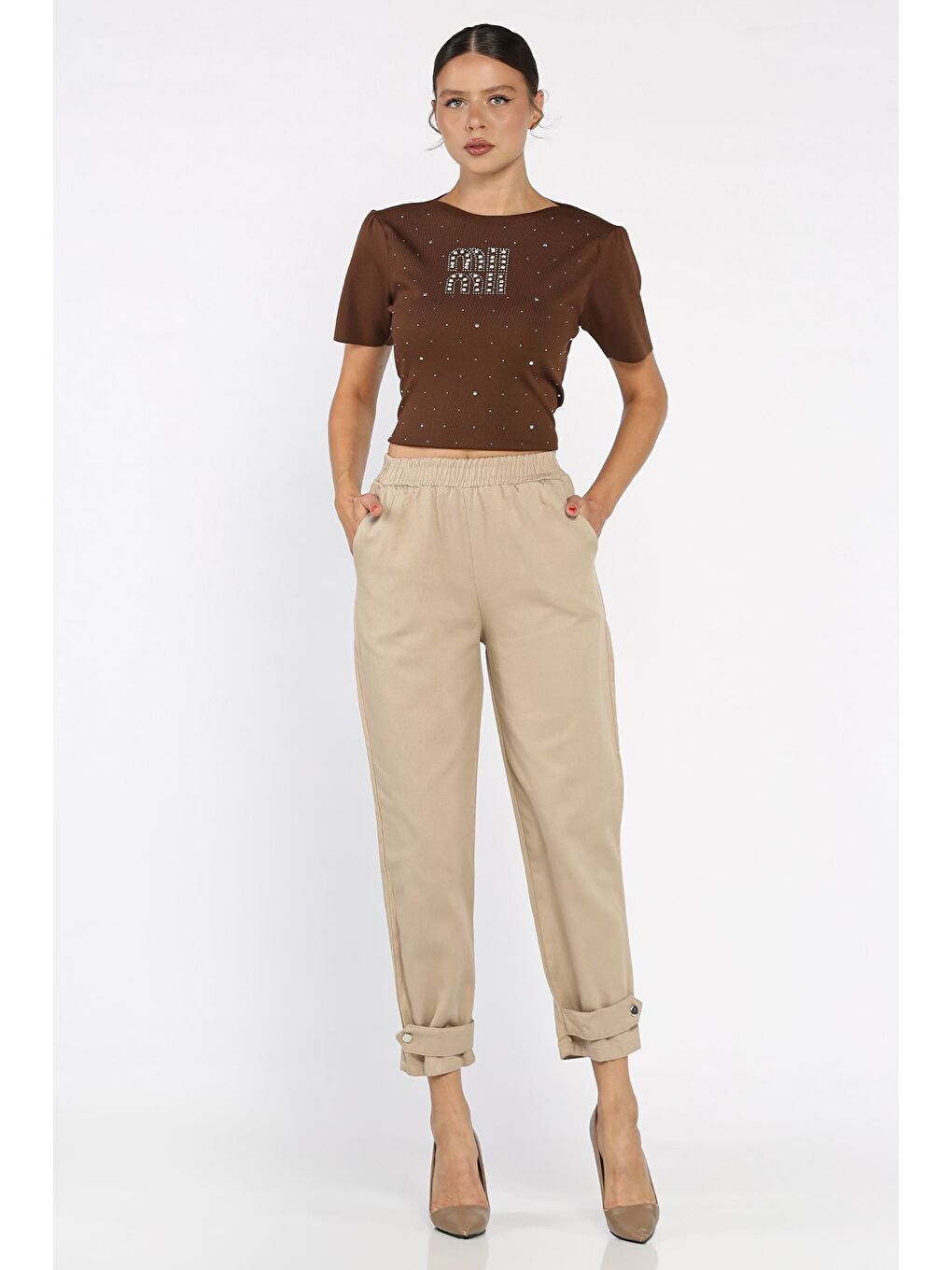 Bej Bel Lastikli Gabardin Pantolon-1