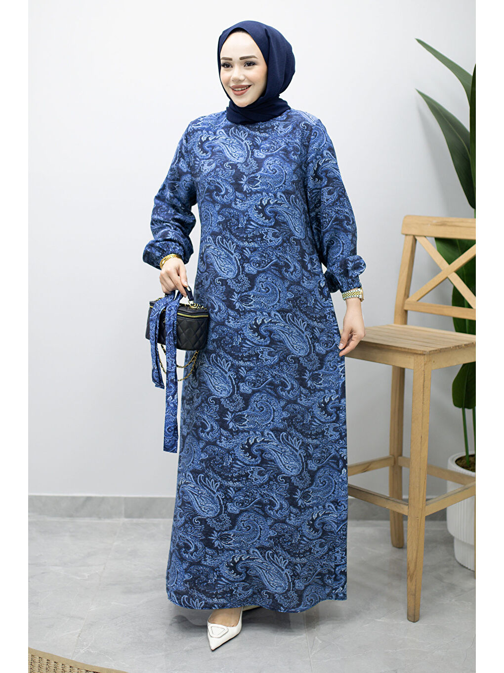 Bisiklet Yaka Şal Desenli Elbise TSD260208 Lacivert-4