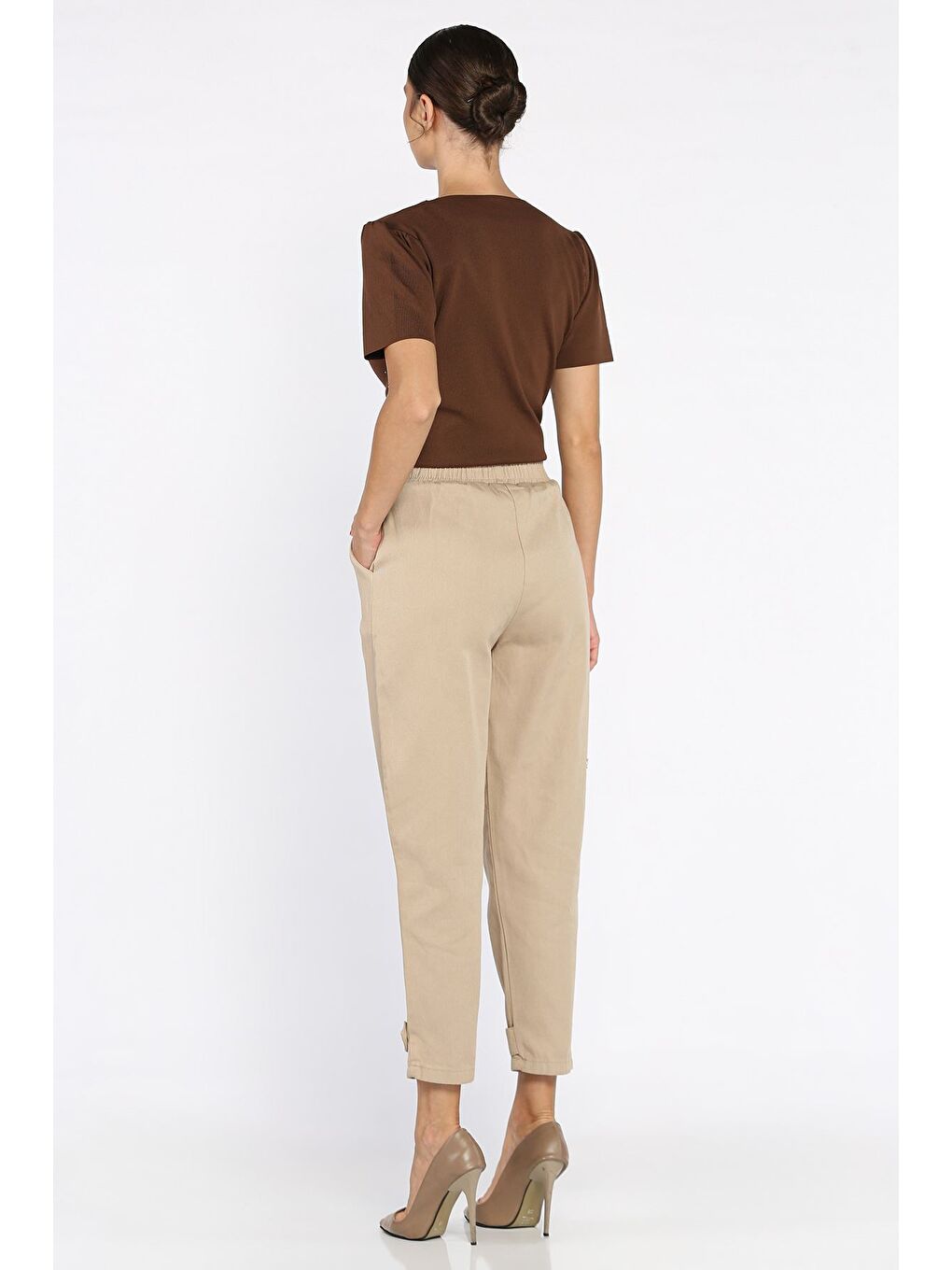 Bej Bel Lastikli Gabardin Pantolon-2