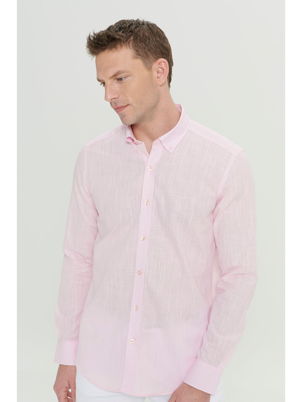 Erkek Pembe %100 Pamuk Oxford Slim Fit Dar Kesim Düğmeli Yaka Flamlı Gömlek-6