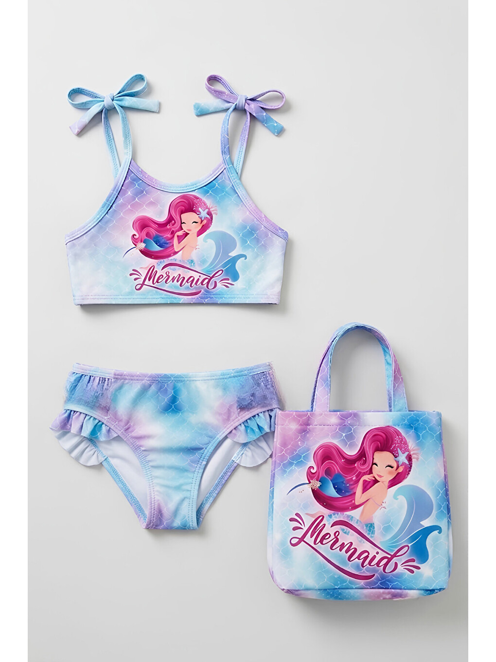 Pembe Kız Çocuk Çantalı 3'lü Mayo Takımı (çanta+mayo+bikini) 3-10 Yaş 12732n