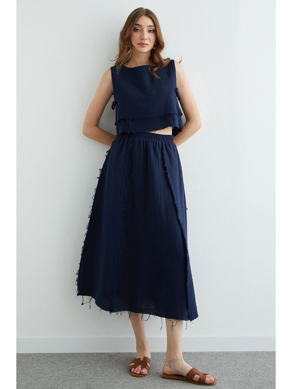 Lacivert Beli Lastikli Püsküllü Etekli Müslin 2 Li Takım